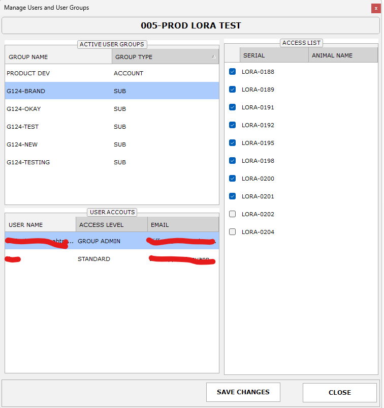 User group and access level management screen