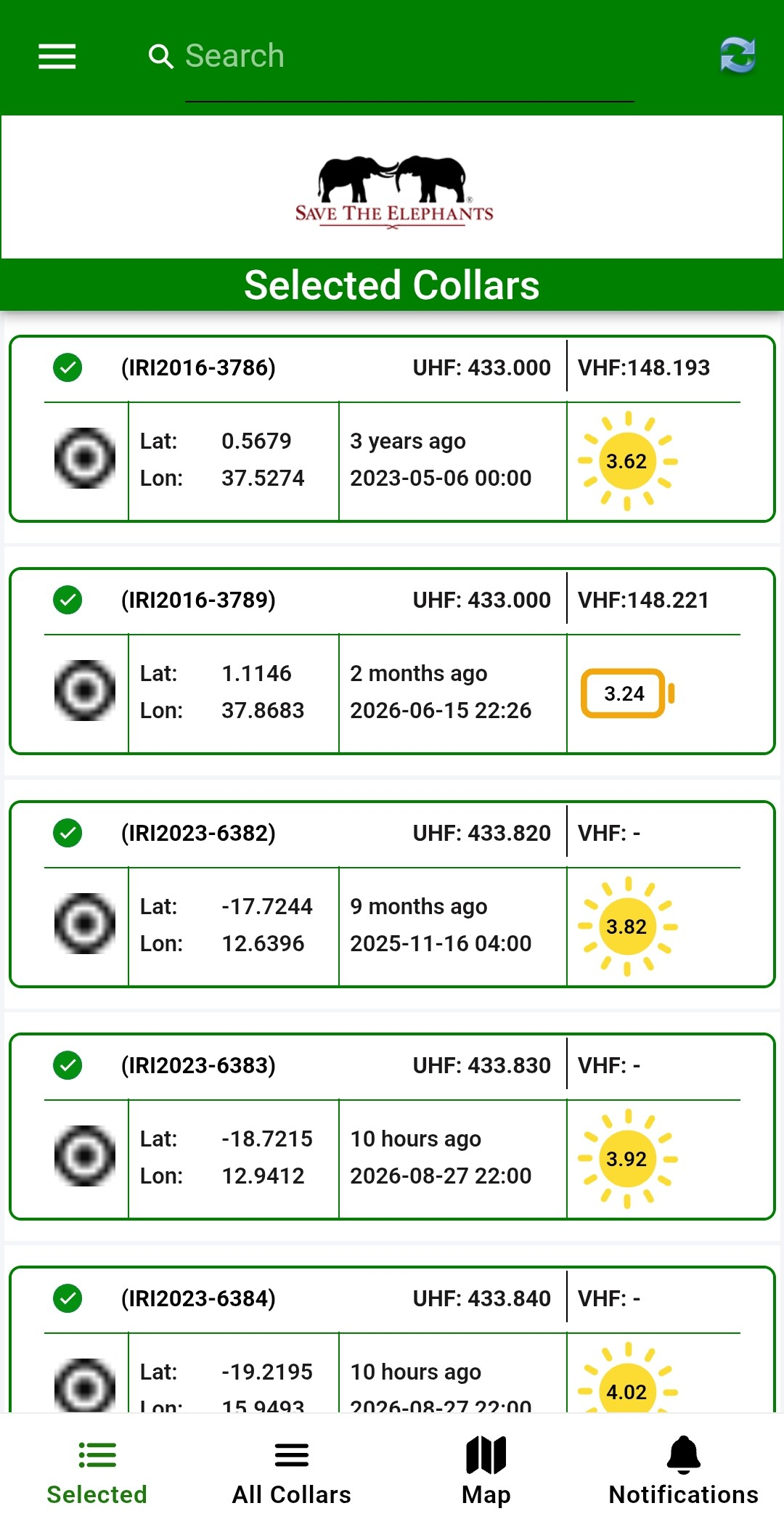 MiSavannah mobile app showing selected collars with telemetry details