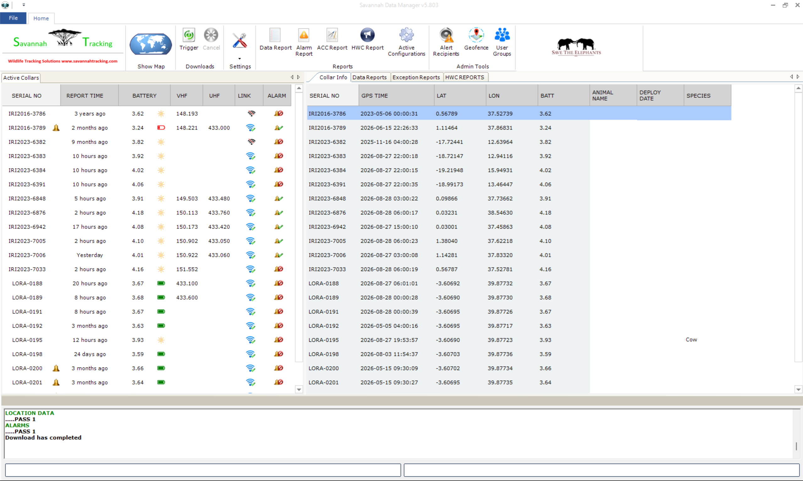 Savannah Data Manager desktop application showing the collar list and settings